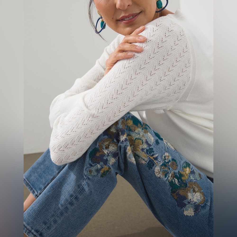 Chico's So Slimming Floral Embroidered Blue Ankle Jeans- Brand New Size 8R - Picture 4 of 10